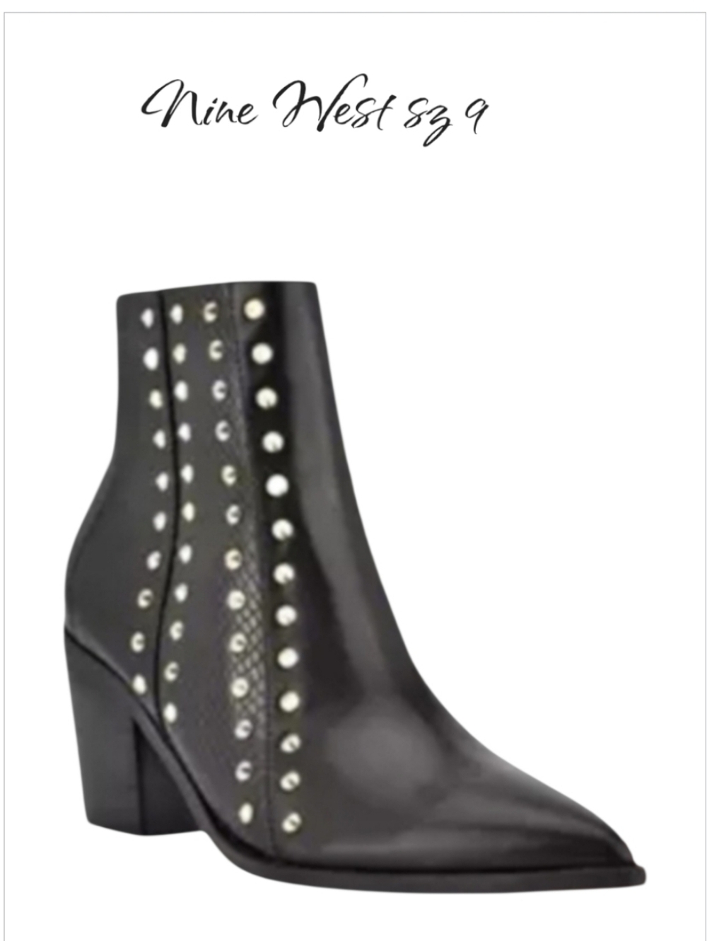 Nine West What3 Black Leather Studded Pointed Toe Ankle Boots Size 9